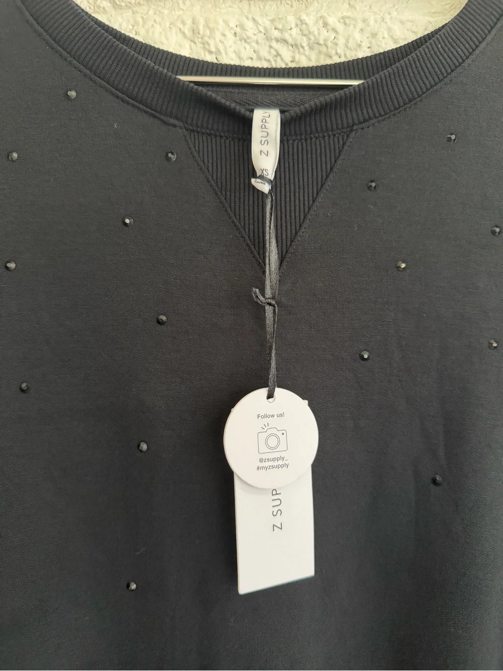 Z Supply Black Crewneck Lightweight Sweatshirt with Subtle Rhinestones